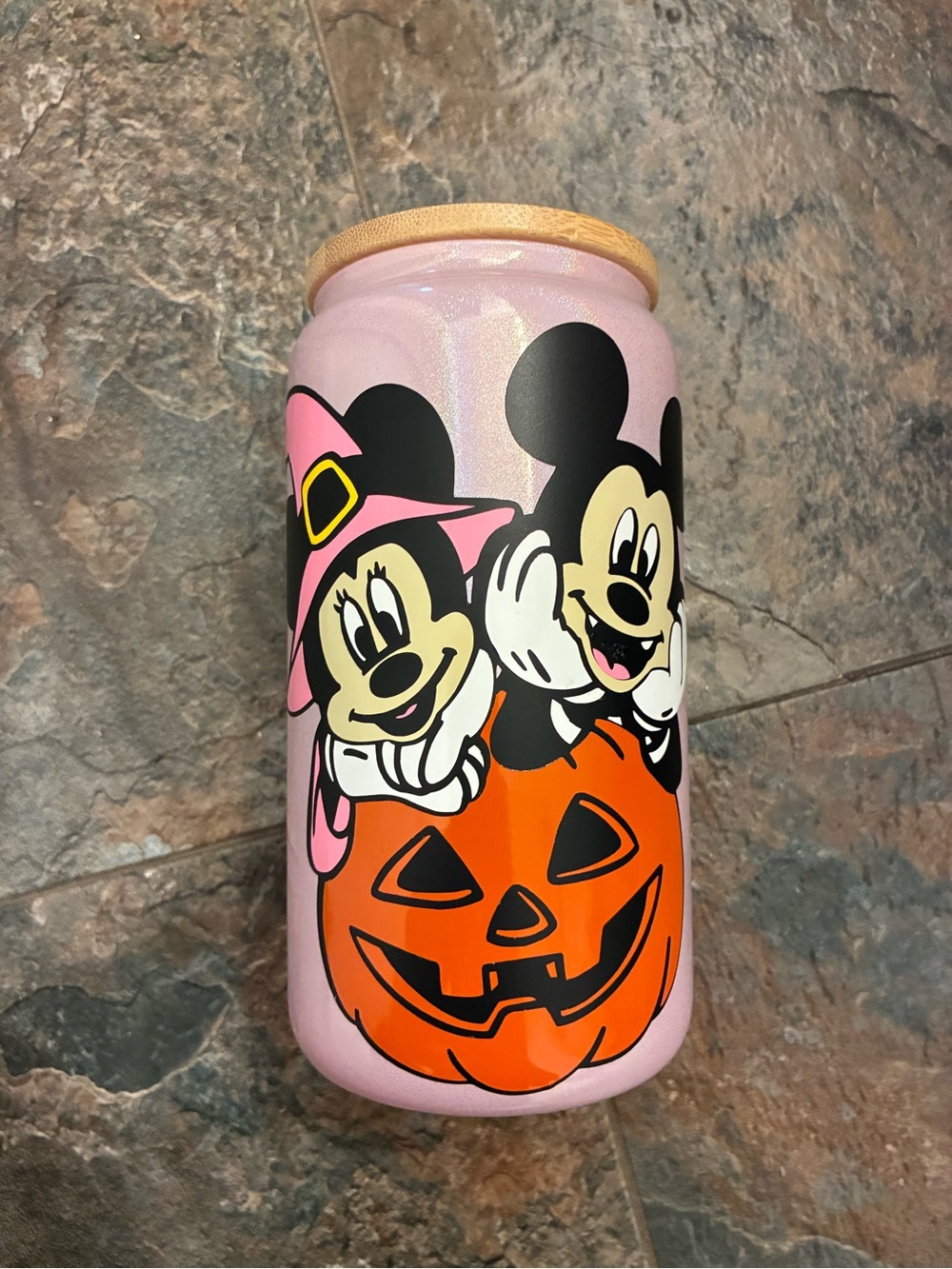Disney Mickey & Minnie Halloween Pumpkin Pink Glass Tumbler